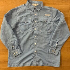 Habit Mens L Long Sleeve Fishing Shirt Blue Gingham UPF 40+ TS1537 Marlin Blue